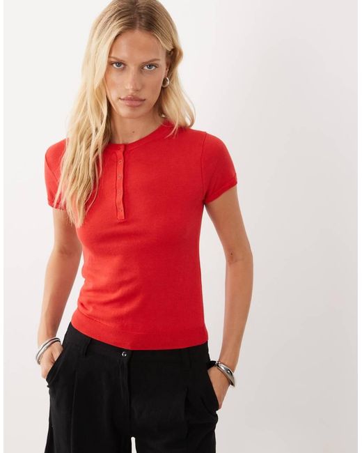 Mango Red Button Detail Short Sleeve Knitted Top