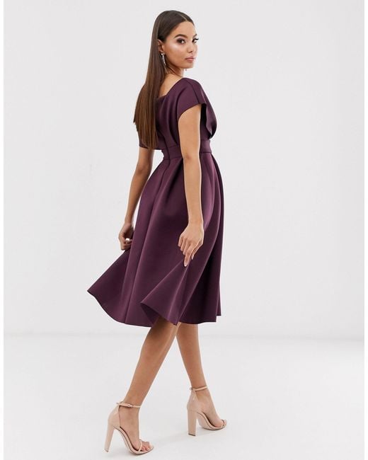 ASOS Synthetic Fallen Shoulder Midi Prom Dress With Tie Detail in Purple -  Lyst