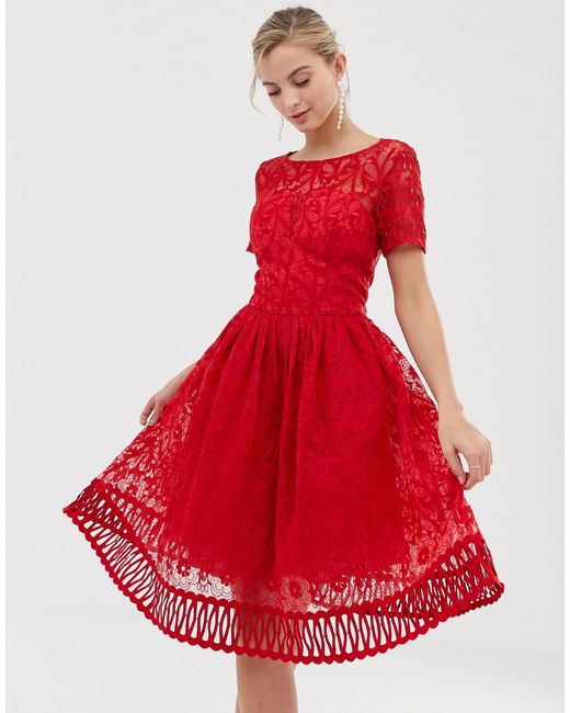 Chi Chi London Red Premium Lace Prom Dress With Cutwork Hem