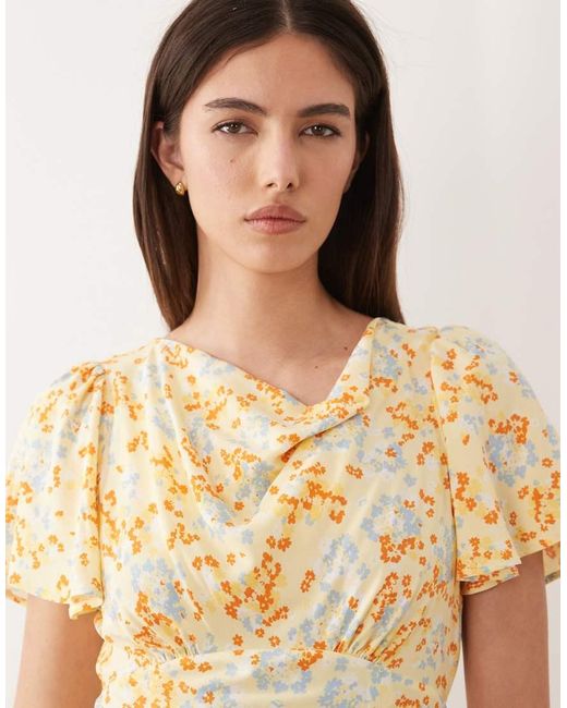 Nobody's Child Natural Cheryl Cowl Neck Flutter Sleeve Split Detail Midi Dress