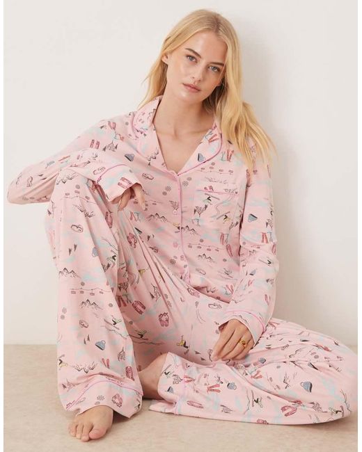 ASOS Pink Asos Design Tall Super Soft Long Sleeve Shirt & Trouser Pyjama Set With Contrast Piping