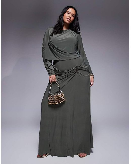 ASOS Gray Asos Design Curve Long Sleeve Drape Maxi Dress With Hitched Skirt And Trim