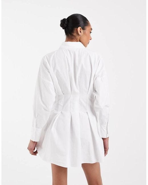 ASOS White Cinched Shirt Dress With Broderie Trim