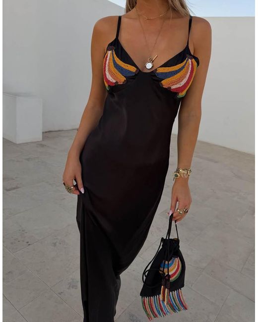 Never Fully Dressed Black Satin Embellished Banana Slip Maxi Dress
