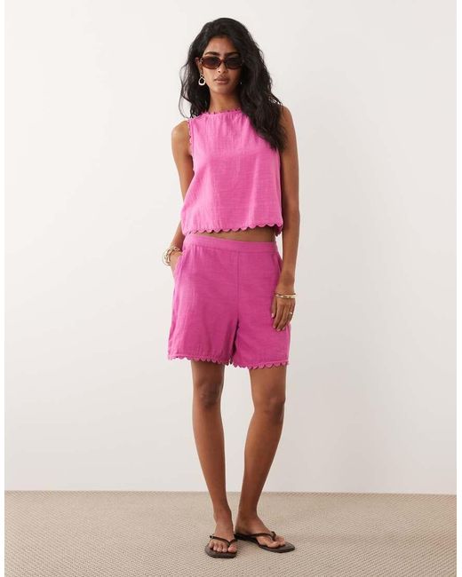 Vila Pink Cotton Scallop Trim Shorts Co-ord