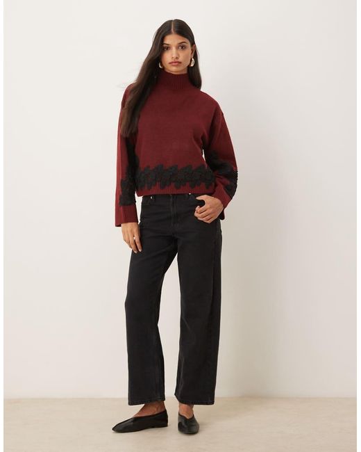 ASOS Red Lace Sleeve And Waist Placement Funnel Neck Jumper
