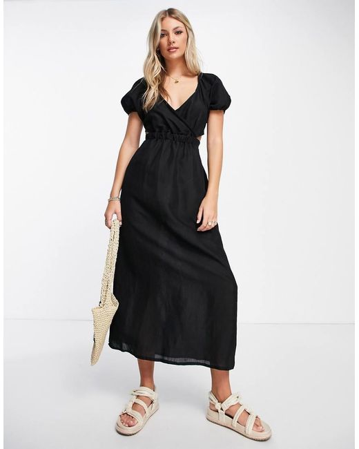 New Look Black Linen Blend Puff Sleeve Midi Dress With Cut Out Detail