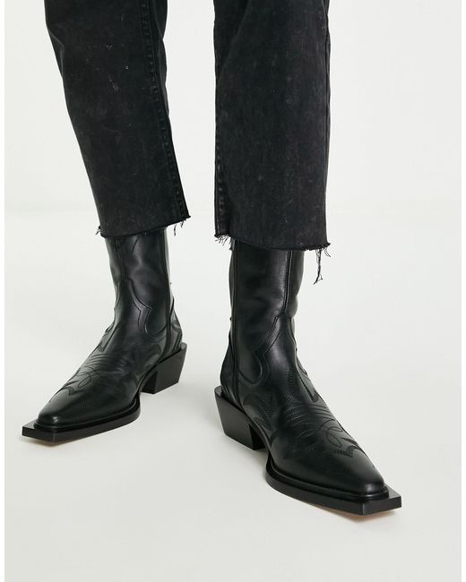 TOPSHOP Black Ariel Premium Leather Stitched Western Boots