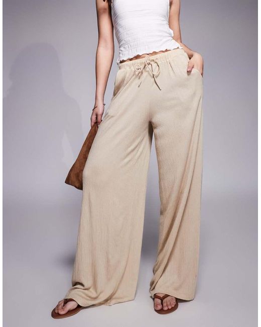ASOS Broek Van Kreukelstof Met Wijde Pijpen En Gestrikte Taille in het Natural