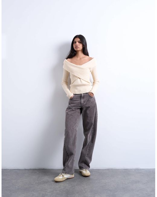 TOPSHOP White Knitted Foldover Long Sleeve Top