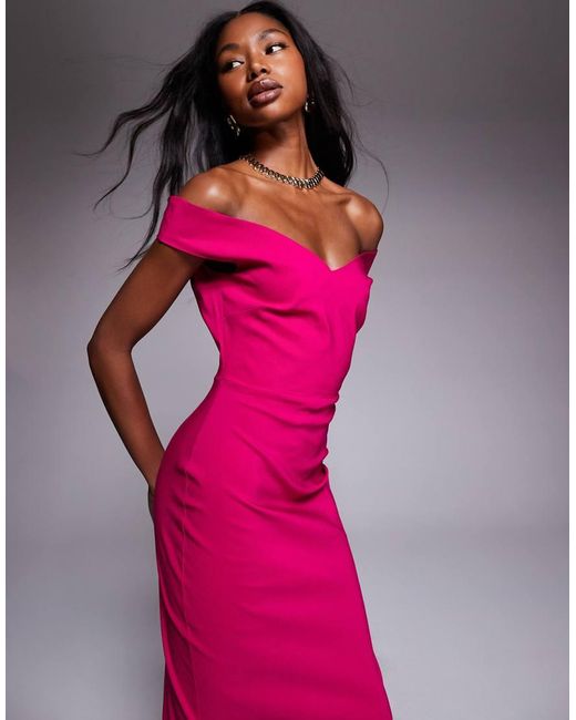 Vesper Pink Bengaline Sweetheart Neckline Off The Shoulder Maxi Dress