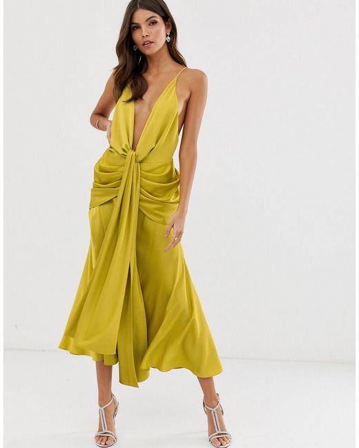 ASOS Yellow Satin Plunge Strappy Midi Dress With Tie Front