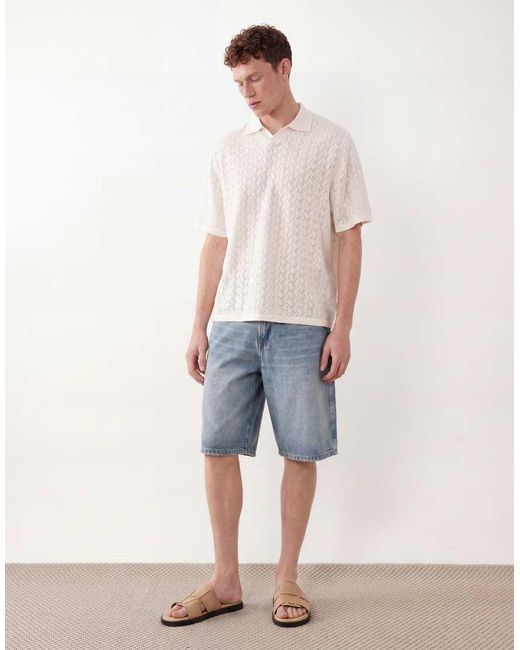 Jack & Jones White Split Neck Polo Crochet Knit for men
