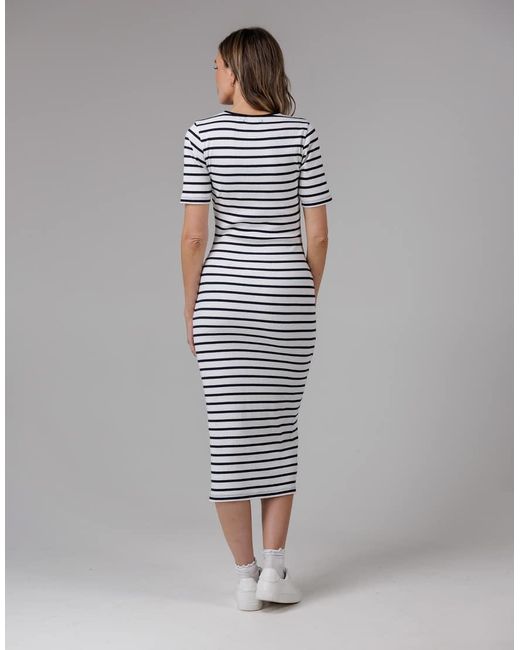 French Connection Gray Cotton Ribbed Striped Short Sleeve Bodycon Midi Dress