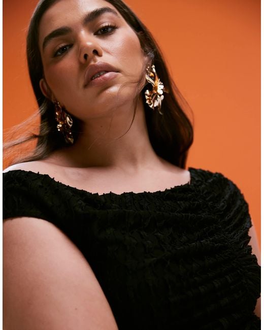 ASOS Orange Asos Design Curve Textured Asymmetric Neckline Midi Dress With Fringed Hem