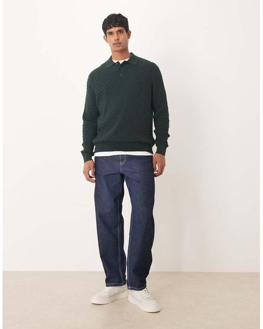 ASOS Green Relaxed Long Sleeve Knit Textured Polo for men