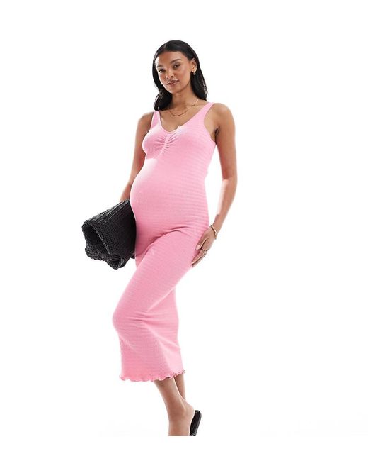 Mama.licious Pink Mamalicious Maternity Textured Support Tank Midi Dress With Lettuce Edge