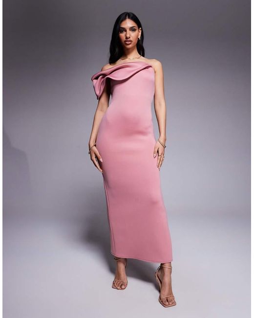 ASOS Pink Scuba Bardot Midi Dress With Twisted Strap