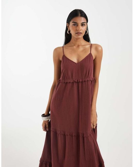 Vero Moda Red Cotton Cami Tie Maxi Dress With Scallop Edge Detail