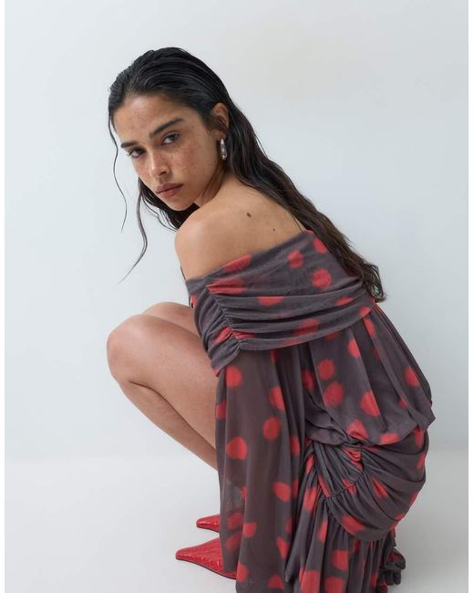 ASOS Red Printed Spot Bardot Mini Dress With Deep Plunge And extaggerated Blouson Sleeve