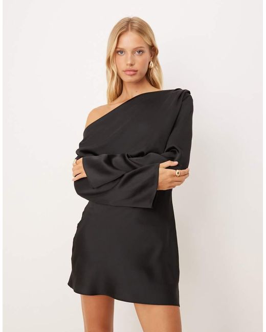 ASOS Black Satin Drape Long Sleeve Off Shoulder Mini Dress