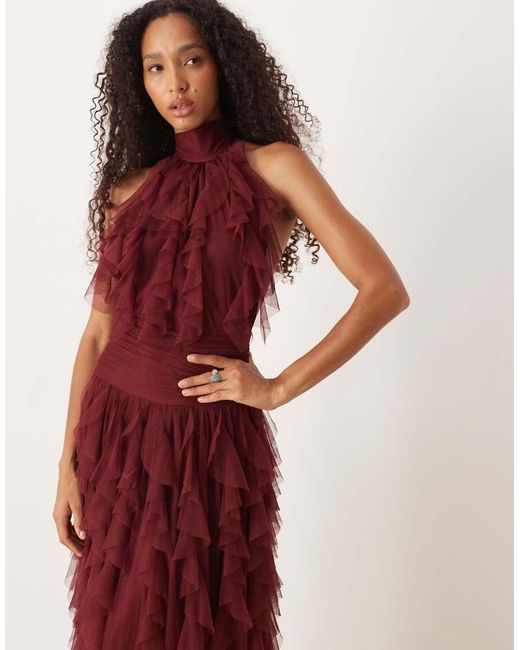 LACE & BEADS Red Backless Ruffle Maxi Dress