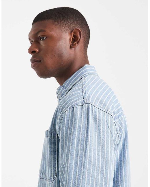 Redefined Rebel Blue Boxy Denim Striped Shirt for men