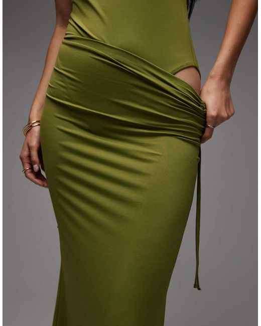 ASOS Green Co-ord Slinky Polyamide Ruched Tie Waist Maxi Skirt