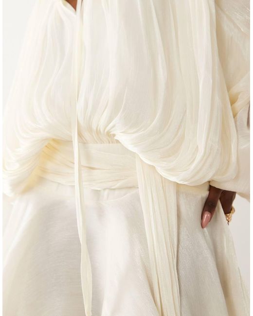 Lioness Natural Elements High Sheen Chiffon Drape Detail Balloon Sleeve Tie Waist Mini Dress