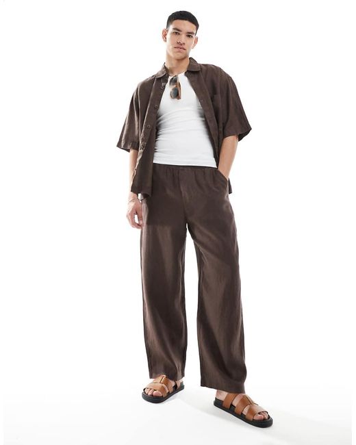 Pull&Bear White 100% Linen Wide Leg Pants for men