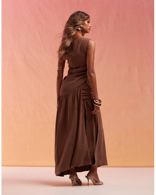 ASOS Brown Soft Draped Midi Dress With Drawstring Tie Sides