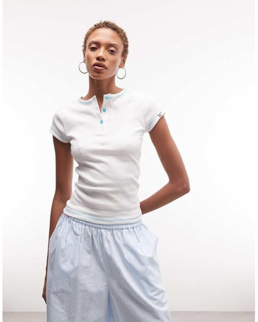Collusion White Short Sleeve Henley T-shirt With Contrast Stitch