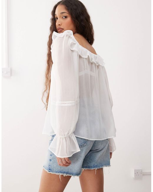 Top transparent à encolure carrée avec volants et bordures en dentelle Reclaimed (vintage) en coloris White