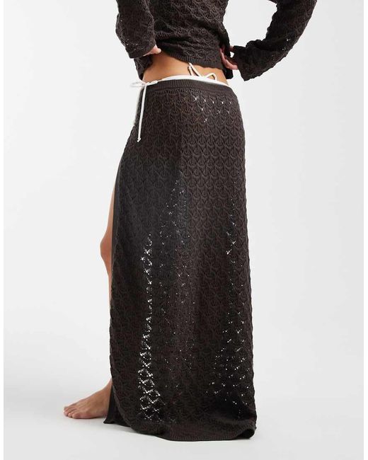 4th & Reckless White Cotton Rich Crochet Knit Metal Detail Side Split Maxi Beach Skirt Co-ord