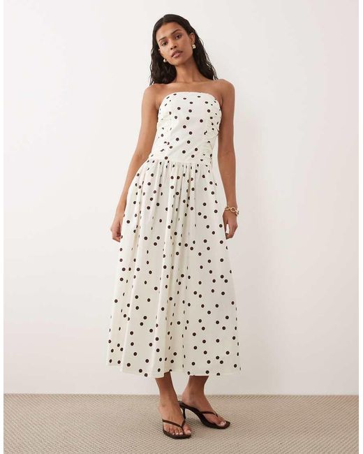 New Look Natural Polka Dot Bandeau Ruched Midi Dress