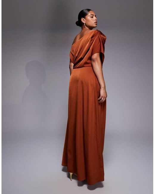 ASOS Brown Asos Design Curve Exclusive Satin Fallen Shoulders Side Slit Maxi Dress