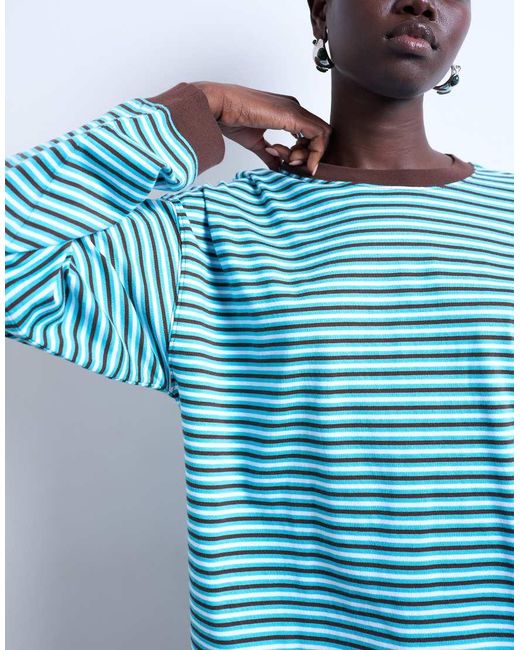 TOPSHOP Blue Stripe Long Sleeve Slouchy Skater Tee