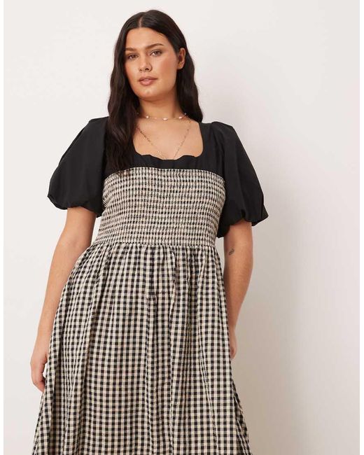 ASOS Brown Asos Design Curve Shirred Bodice Maxi Dress With Puff Sleeve