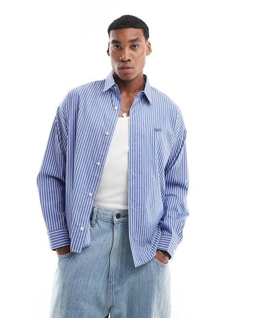 Pull&Bear Blue Long Sleeve Stripe Shirt for men
