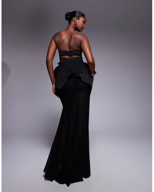 ASOS Gray Premium Bodice Maxi Dress With Cinched Belt Detail And Sheer Skirt