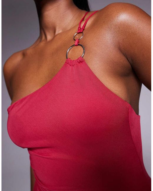 ASOS Red Asymmetric Double Strap With Gold Trim Detail With Ruching Mesh Maxi Dress