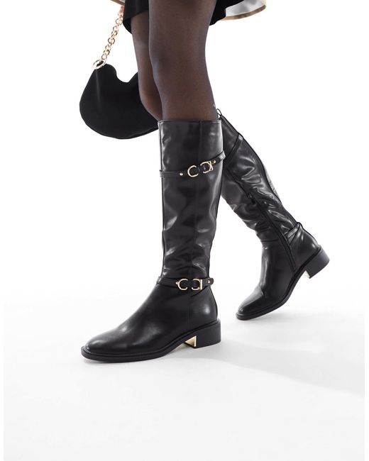 SEQWL Black Latte Buckle Detail Refined Riding Boots