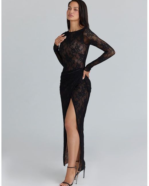 House Of Cb Black Sapphira Lace Asymmetric Maxi Dress
