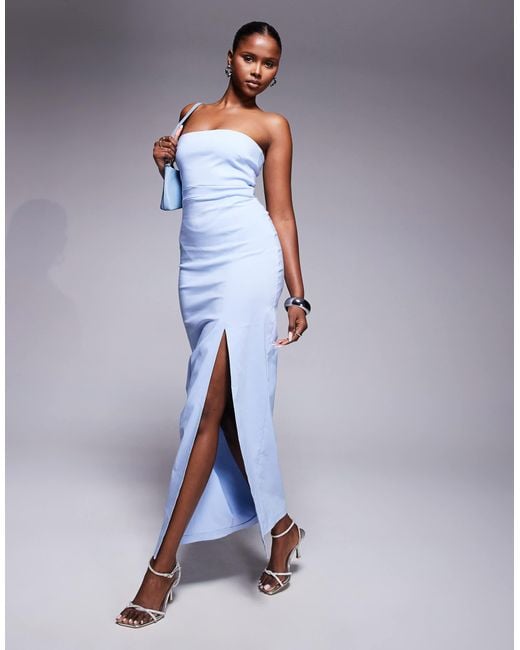 Vesper Blue Bengaline Bandeau Thigh Split Maxi Dress