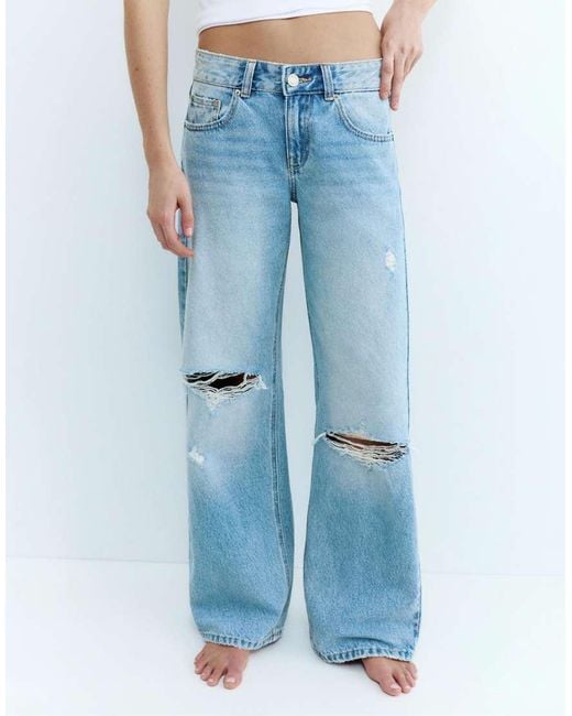 Pull&Bear Blue Ripped Low-Rise Straight Leg Jeans