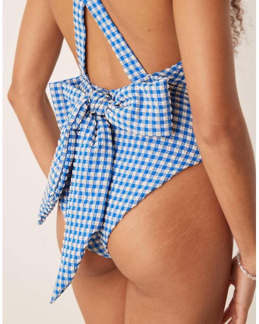 ASOS Blue Seersucker Scoop Swimsuit With Giant Bow Back Detail