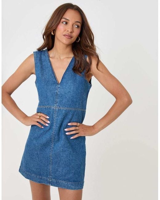 Threadbare Blue Denim V-Neck Mini Dress