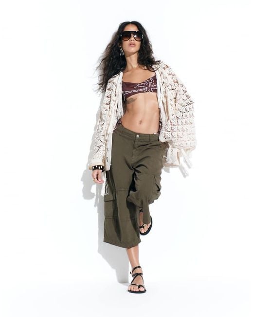 ASOS Natural Premium Crochet Stitch Fringed Cardigan