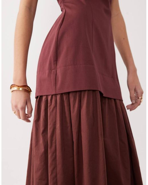 ASOS Brown Structured Cotton Bandeau Maxi Sundress With Dropped Waist Poplin Skirt