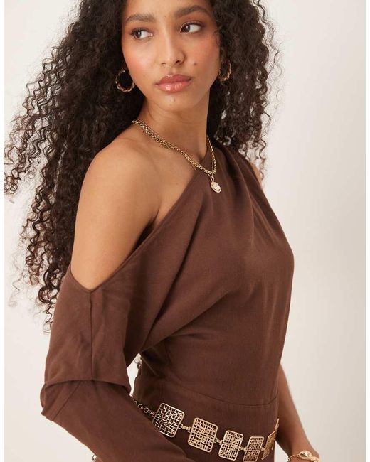ASOS Natural Linen Fallen Shoulder Jumpsuit
